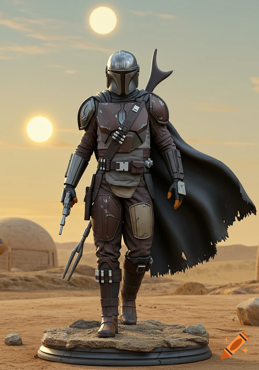 Photorealistic 3D render of The Mandalorian Din Djarin standing on a rocky base in a desert with two suns, holding a blaster and spear.