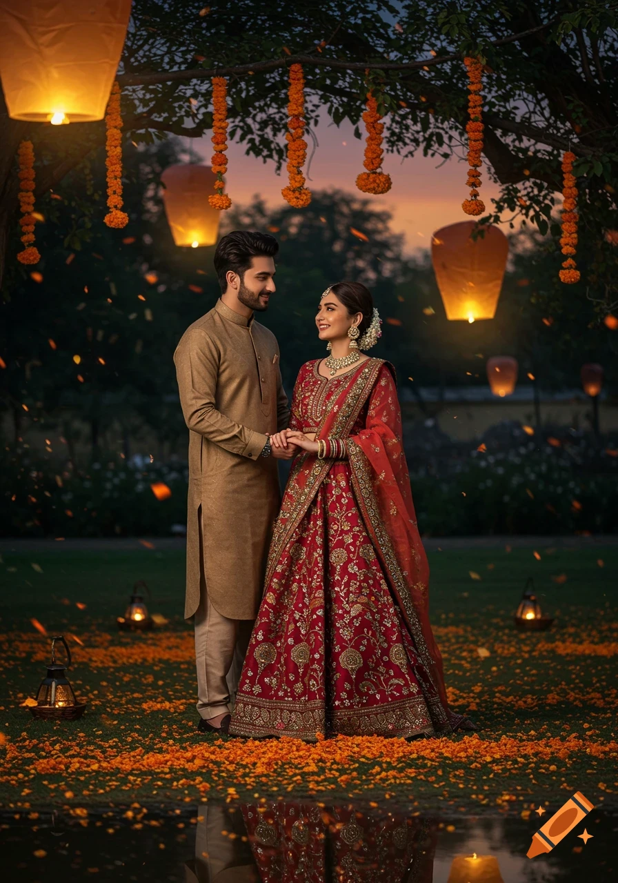 A romantic Pakistani couple in traditional attire holds hands under a tree adorned with glowing lanterns and marigold garlands.