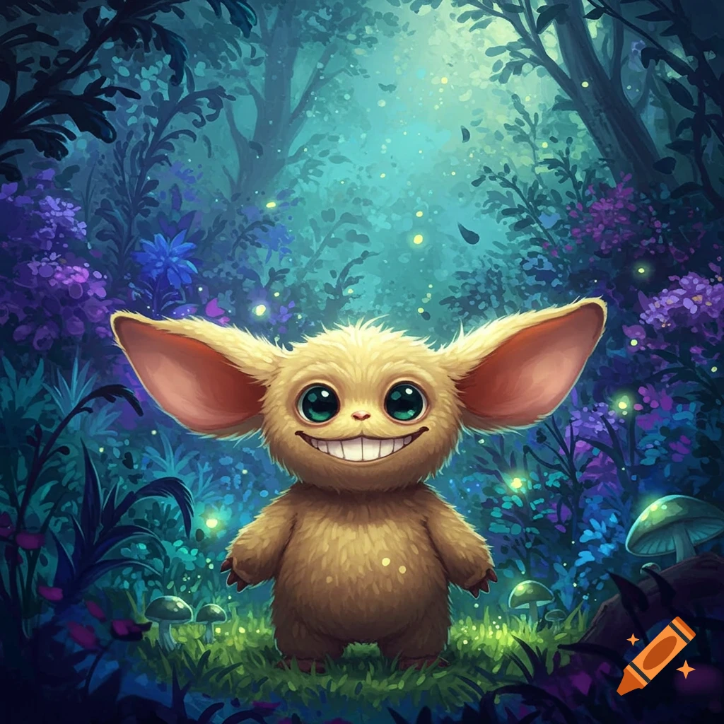 A cute, furry, cartoon-style creature with big ears and eyes smiles wide in a magical, glowing forest.