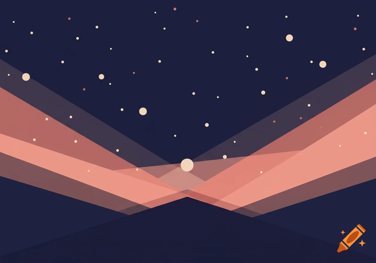 A minimalist, abstract depiction of a dark blue night sky with white dots for stars, illuminated by intersecting peach-colored light rays.