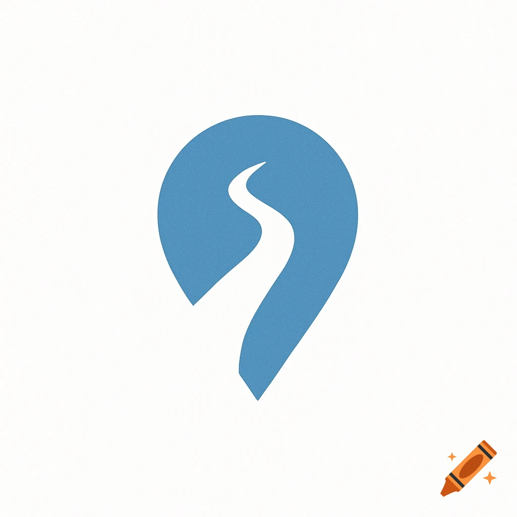 A minimalist logo featuring a cornflower blue map pin shape with a white winding path inside on a white background.