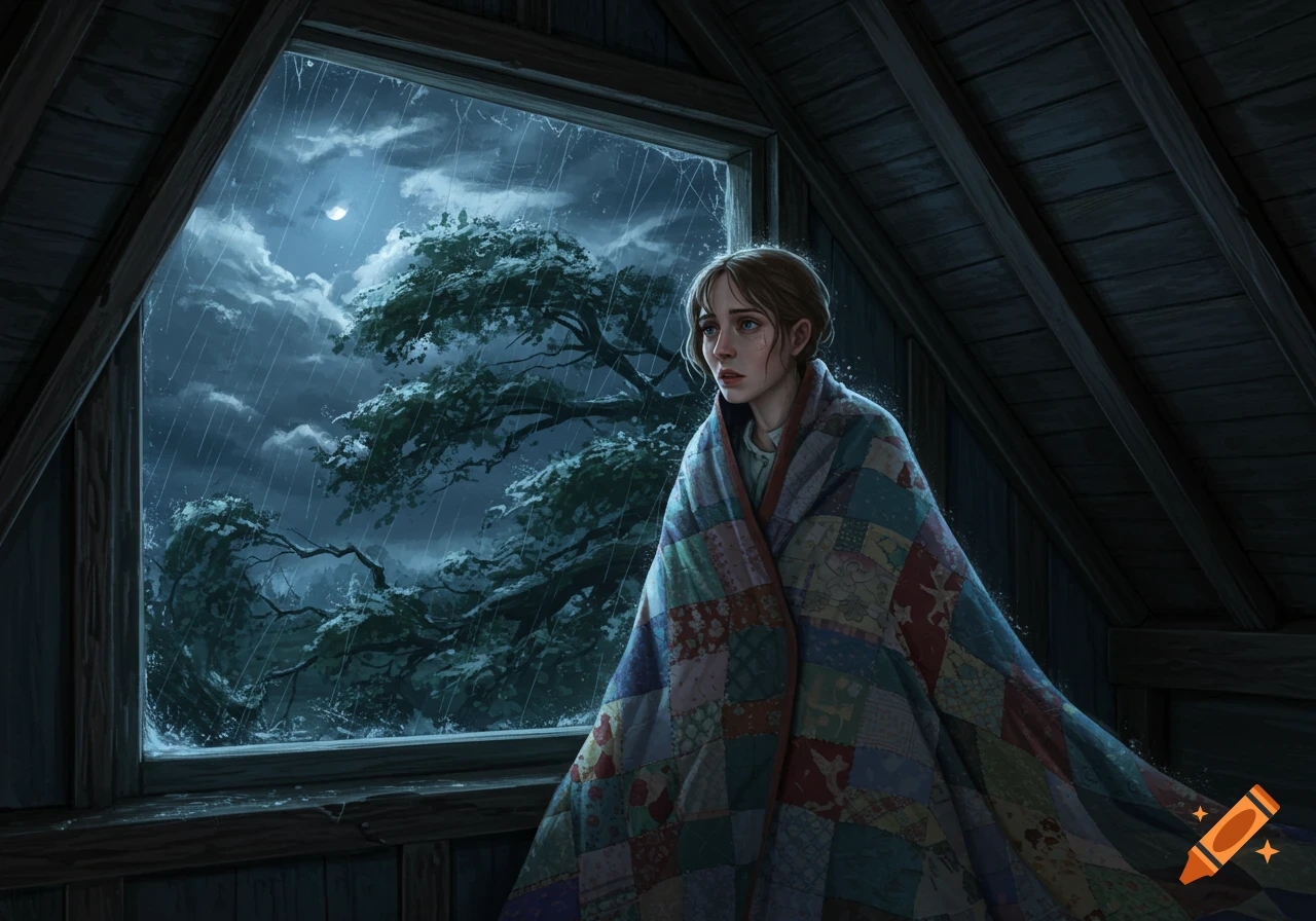 A young woman wrapped in a patchwork quilt looks out an attic window at a stormy, rainy night with trees swaying and the moon visible.