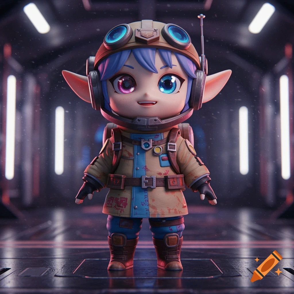 A cute, stylized Nendoroid-like character with blue hair and large, mismatched eyes wears a pilot's uniform with goggles in a futuristic space corridor.