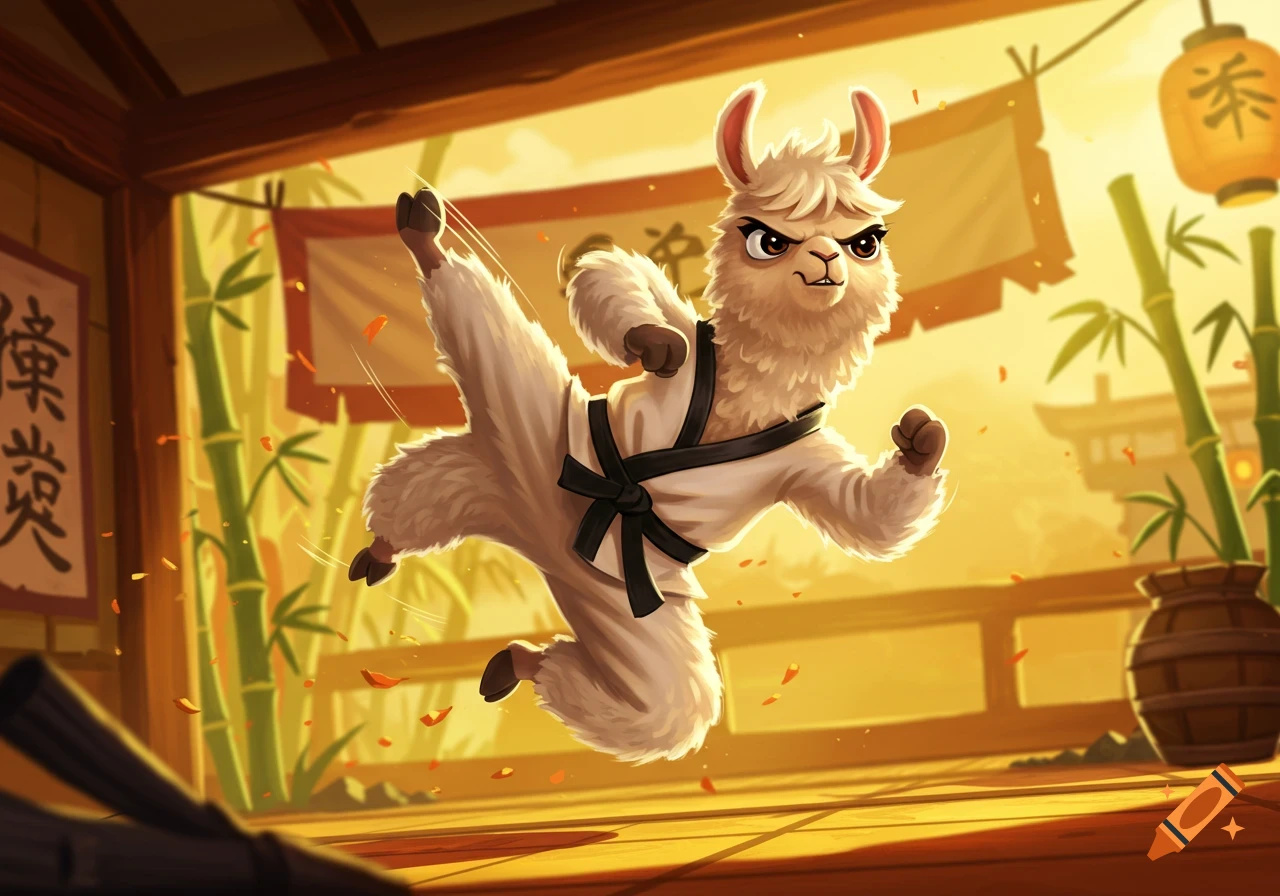 A cartoon llama in a white gi with a black belt performs a powerful flying kick in a dojo setting.