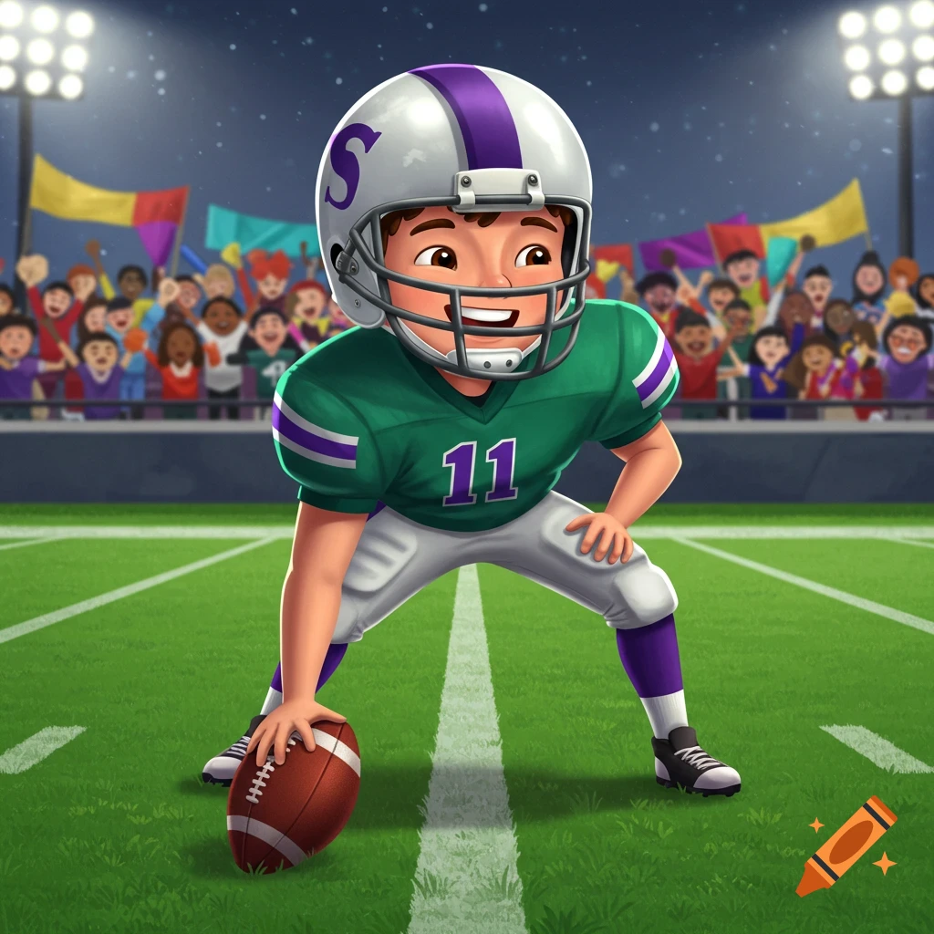 Cartoon youth football player in green and purple uniform, holding a football on a field at night with stadium lights and cheering fans.