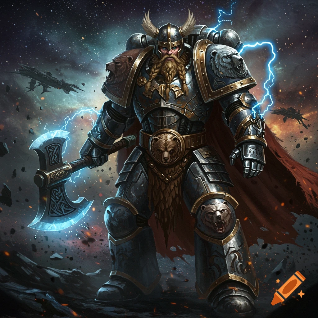 A dramatic illustration of a Viking-inspired space marine in intricate armor holding a glowing axe, against a backdrop of space and lightning.