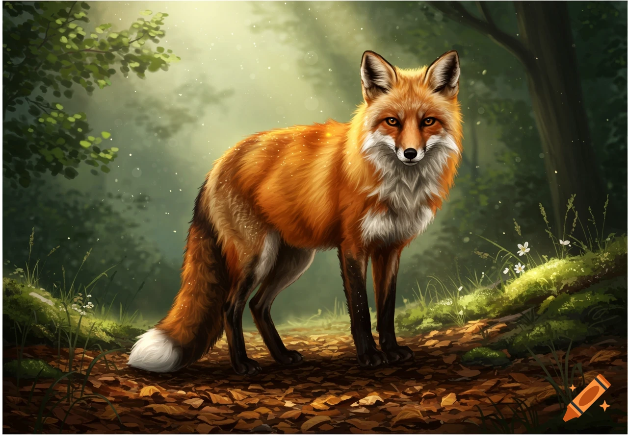A detailed illustration of a red fox standing on a forest path covered in leaves, bathed in sunlight filtering through trees.