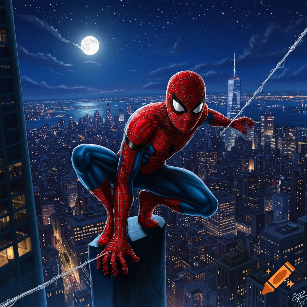 Spider-Man crouches on a skyscraper overlooking a vibrant city skyline at night, with a full moon overhead.