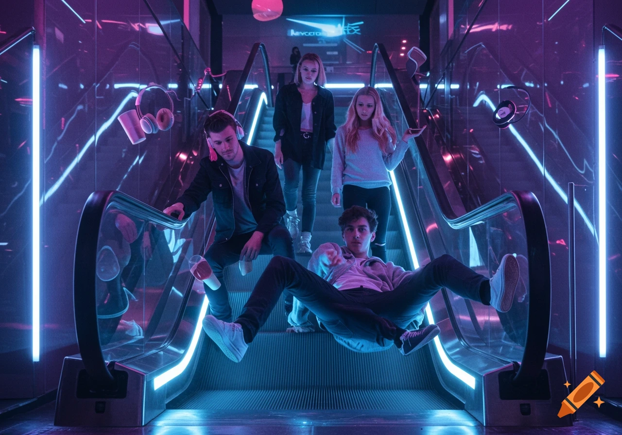 Young people posing on neon-lit escalators in a futuristic urban setting with floating objects.