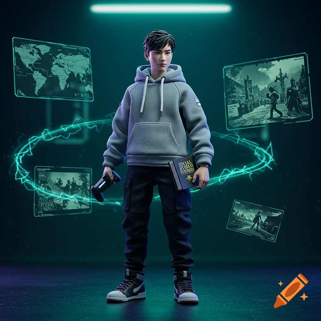 A male action figure in a gray hoodie holds a game controller and a book, surrounded by glowing holographic screens in a dark, neon-lit room.