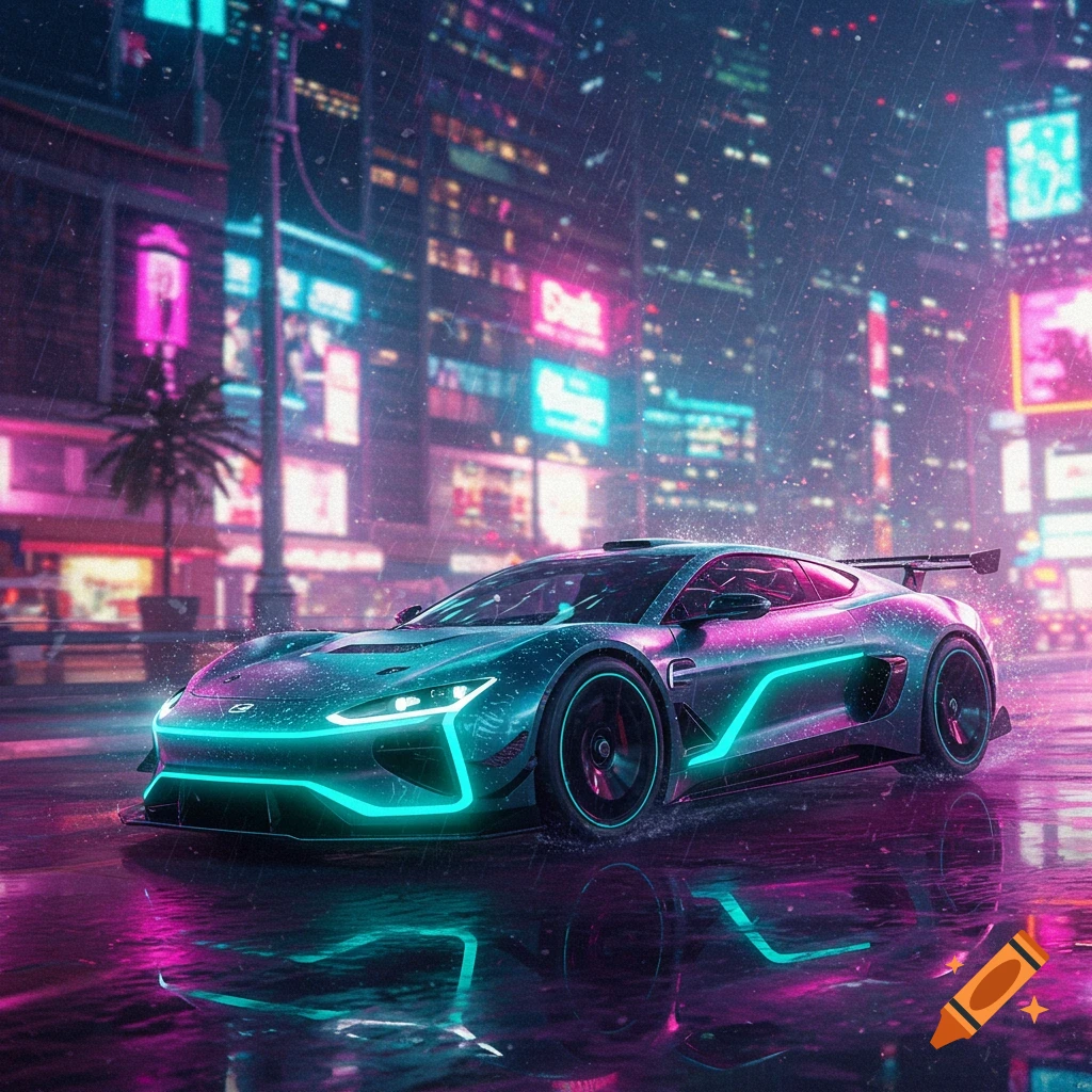 A sleek, glowing futuristic car with teal and pink neon lights on a rainy city street at night, reflecting neon signs.