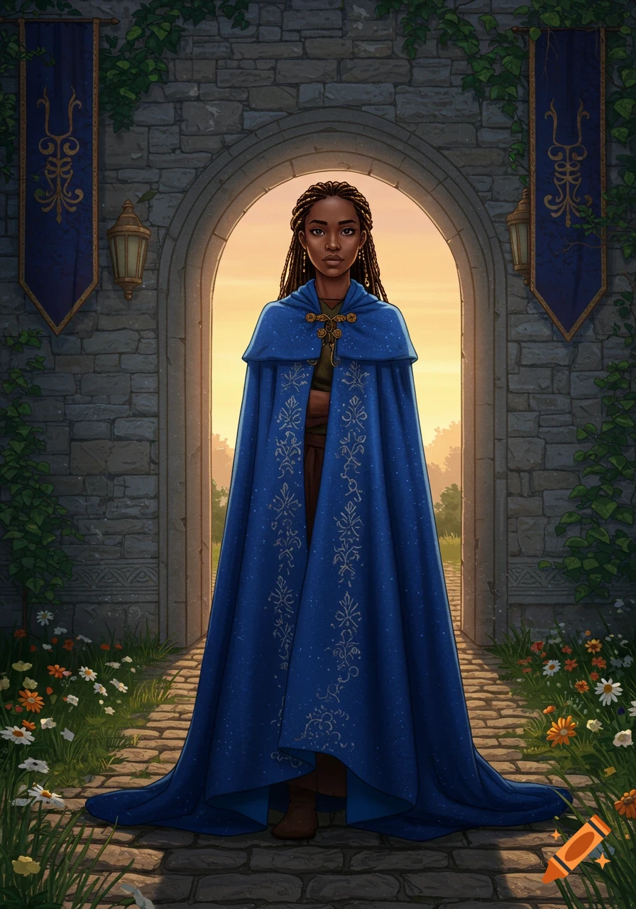 A young Black woman in a blue medieval cape stands in a stone archway with banners and flowers at sunset.