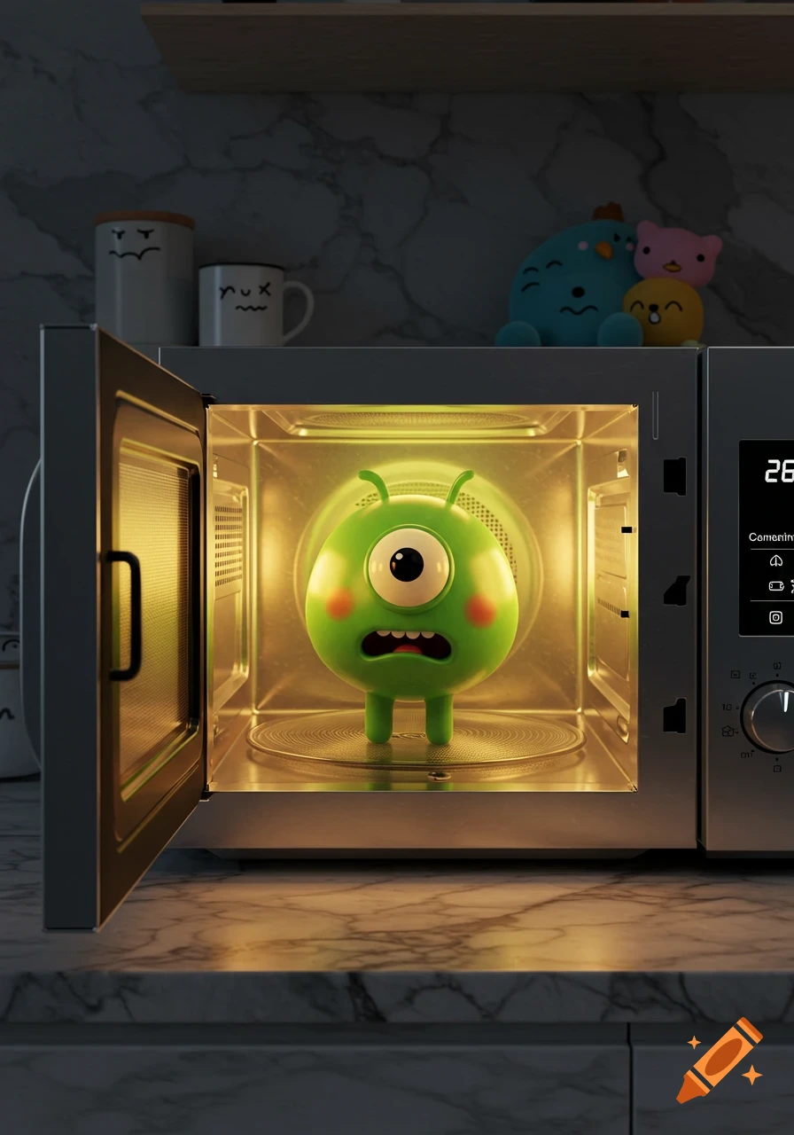 A green, one-eyed cartoon monster with a shocked expression stands inside an open, brightly lit microwave oven in a dim kitchen.