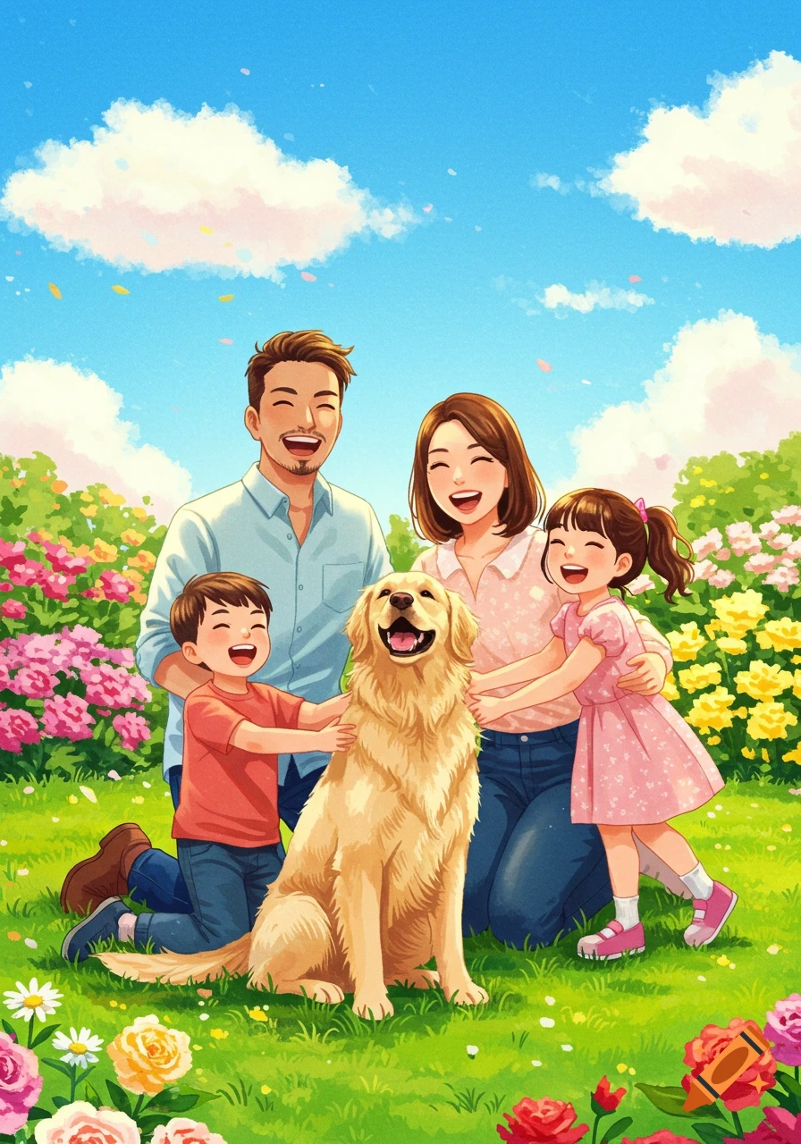 A happy cartoon family with two children embracing a golden retriever in a vibrant green park with colorful flowers under a blue sky.