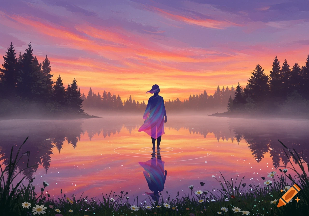 A colorful digital art illustration of a person's silhouette standing in a tranquil lake at sunset, surrounded by pine trees and reflective water.