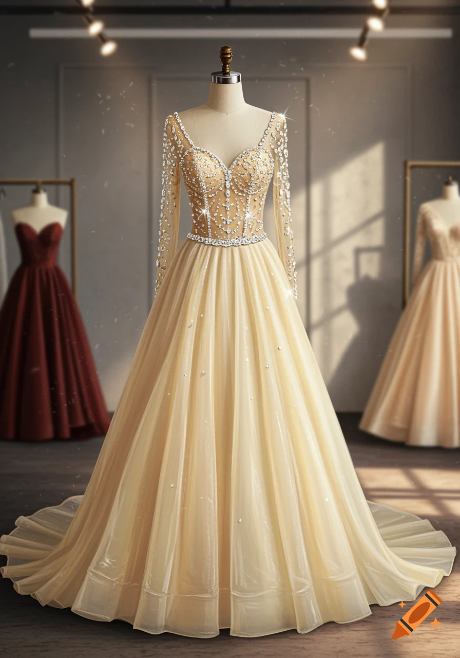 A sparkling pale yellow long-sleeved prom dress with an embellished bodice on a mannequin in a clothing store, with other dresses blurred in the background.