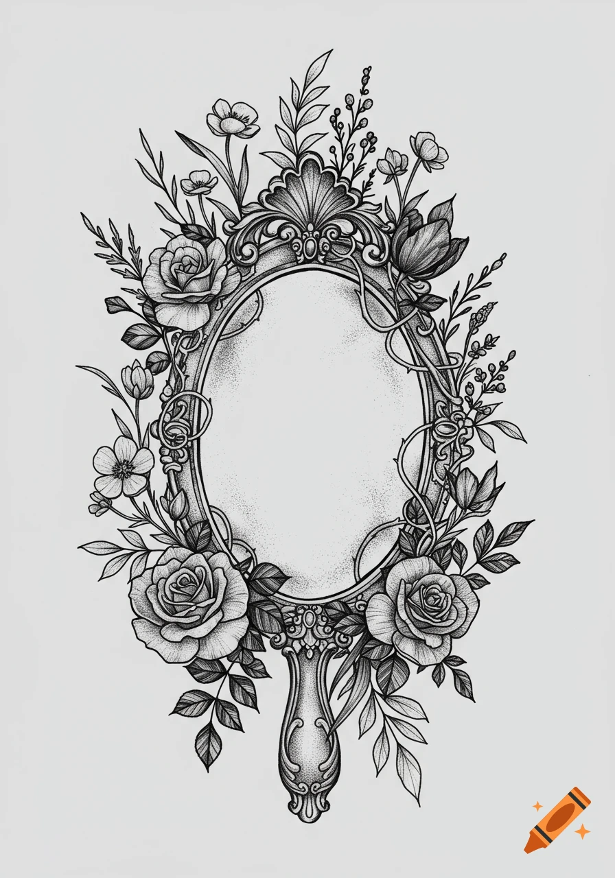 Black and white illustration of an ornate oval hand mirror surrounded by blooming roses, tulips, and vines in a gothic style.