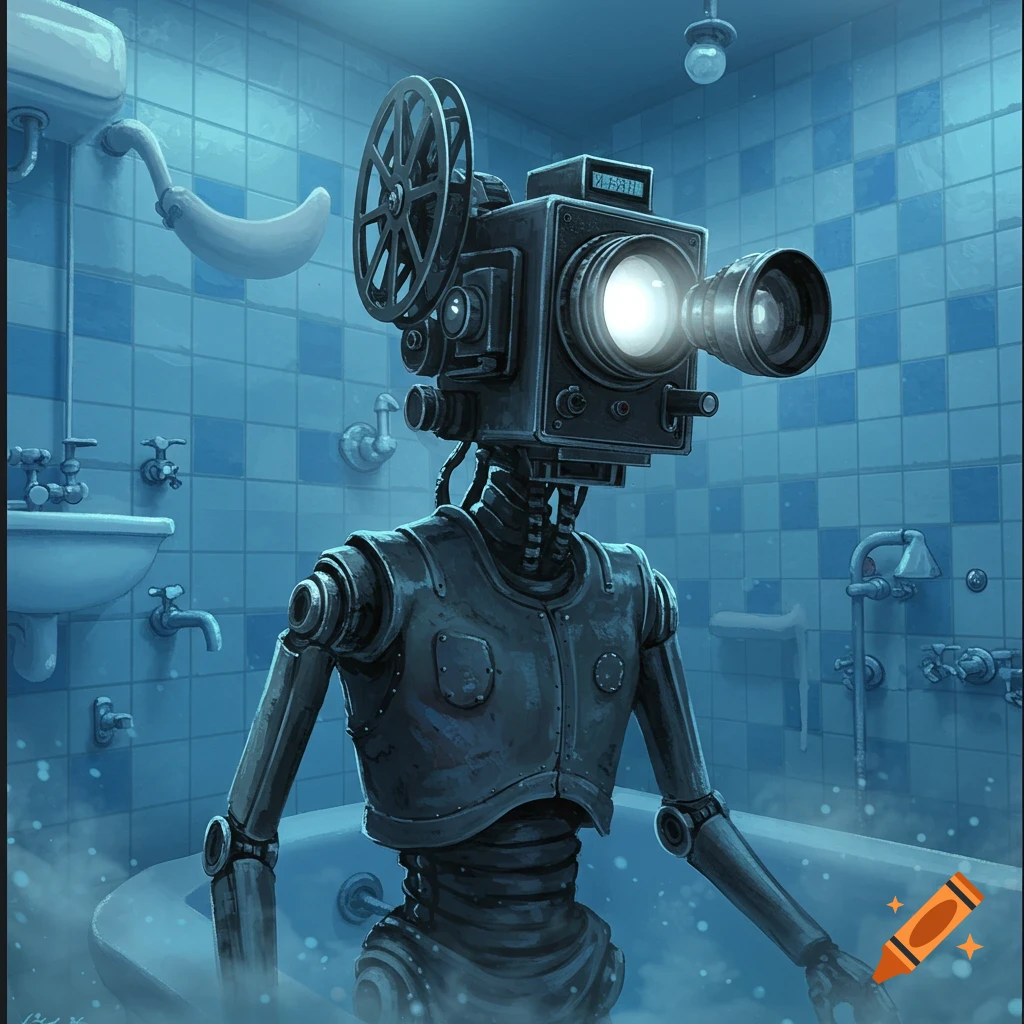 A surreal robot with a vintage camera for a head stands in a blue-tiled bathroom bathtub, with steam rising.