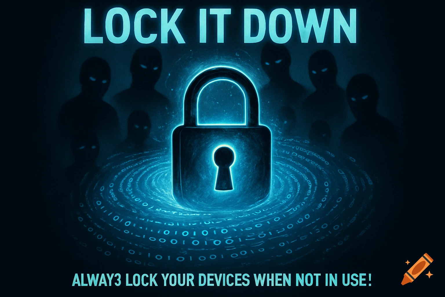 A glowing blue padlock is centered on swirling binary code, with shadowy figures in the background. Text reads 'LOCK IT DOWN' and 'ALWAYS3 LOCK YOUR DEVICES WHEN NOT IN USE!'.