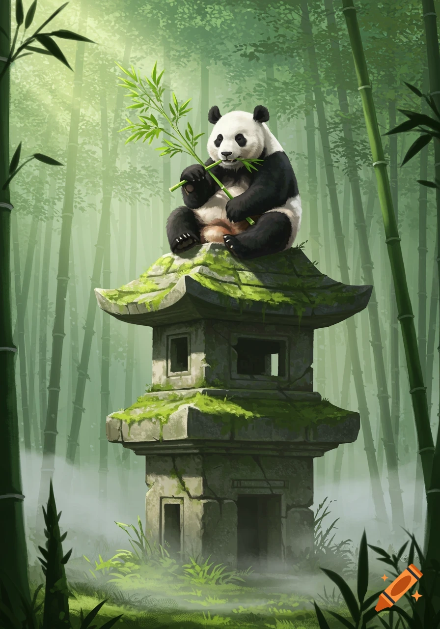 A giant panda sits atop an ancient mossy stone tower in a lush, misty bamboo forest, eating bamboo.