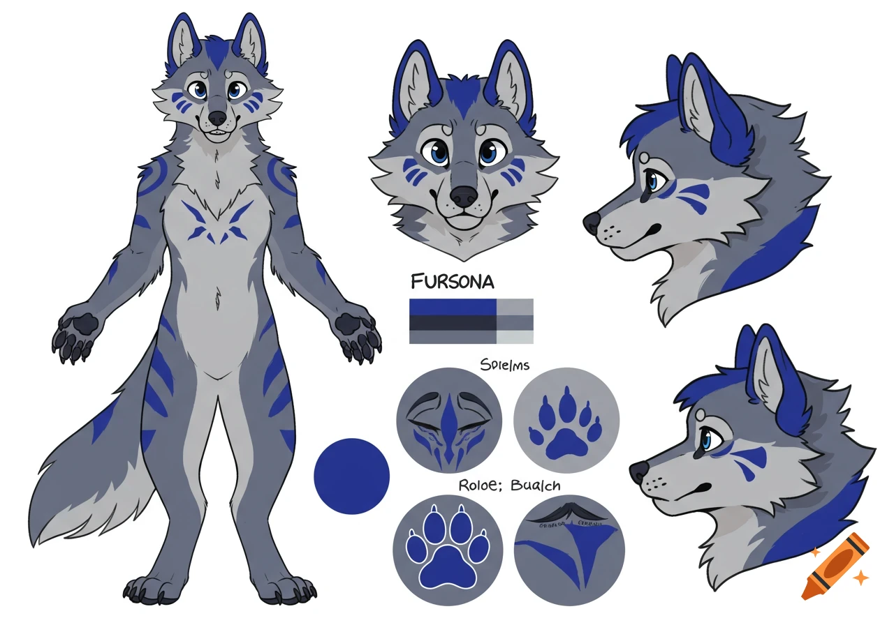A full-body and headshot reference sheet for a gray and blue wolf-like fursona character with tribal markings, shown in a clean, cartoon style.