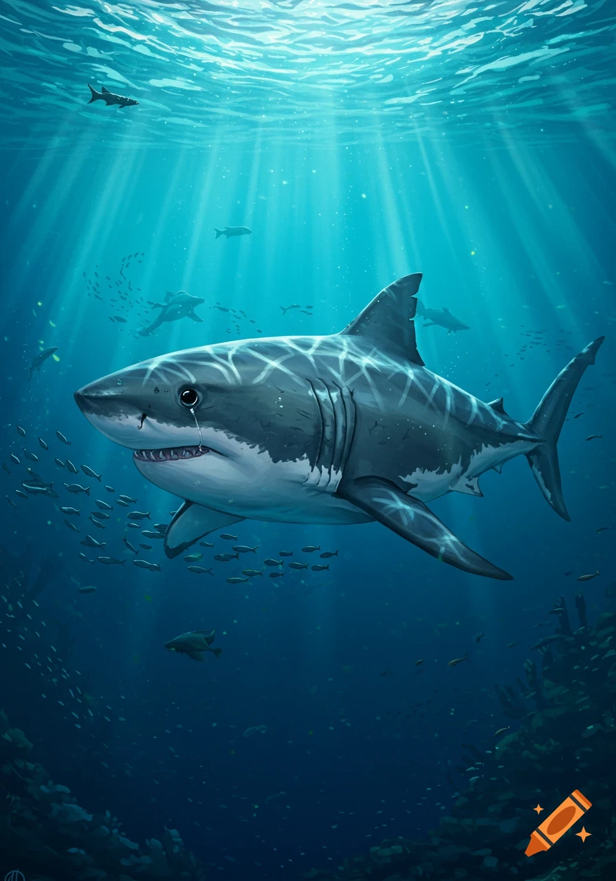 An illustrated great white shark crying a single tear, swimming underwater with sunbeams, surrounded by schools of small fish.