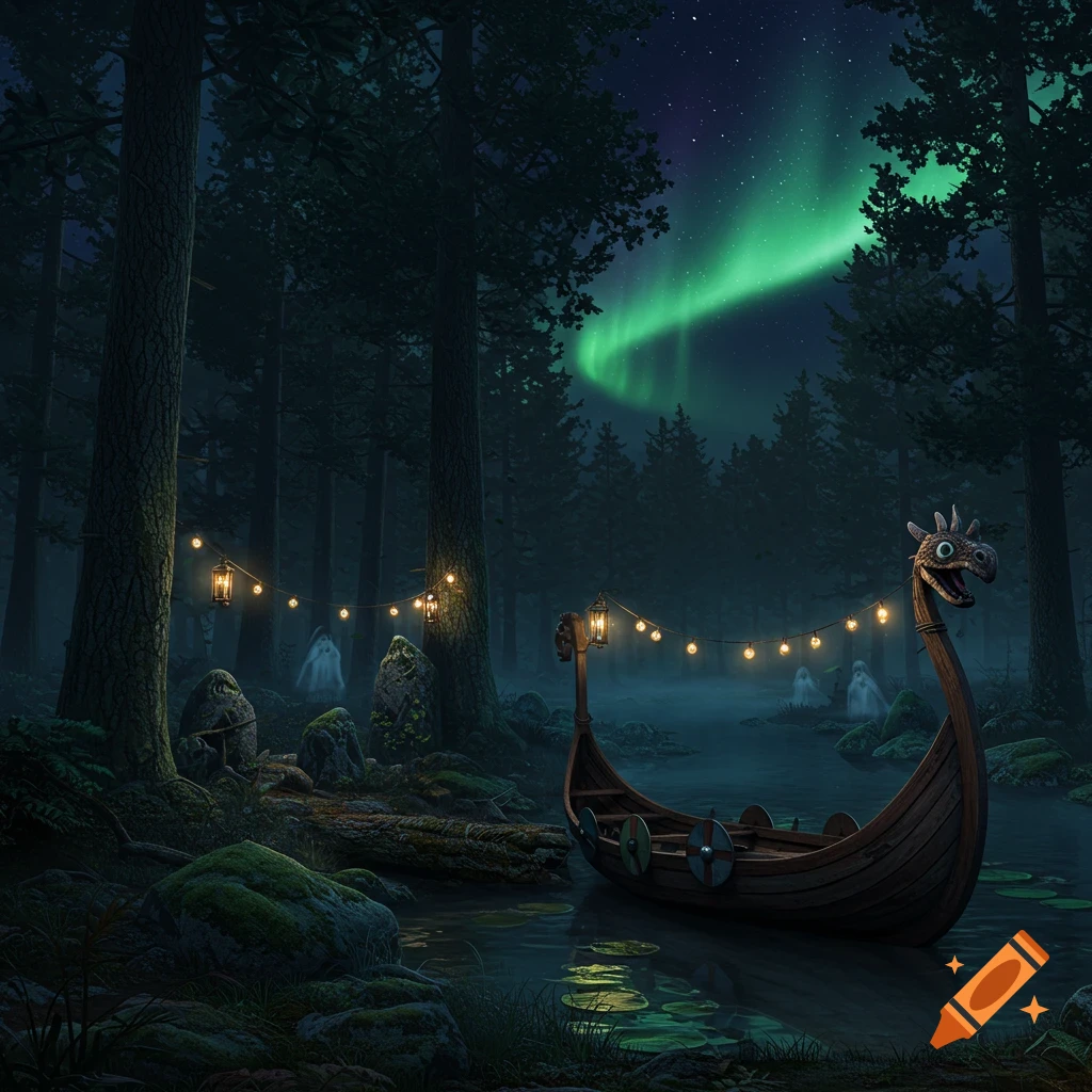 A mystical dark forest at night with a Viking longboat on a pond, glowing lights, ghostly figures, and a green aurora borealis in the sky.