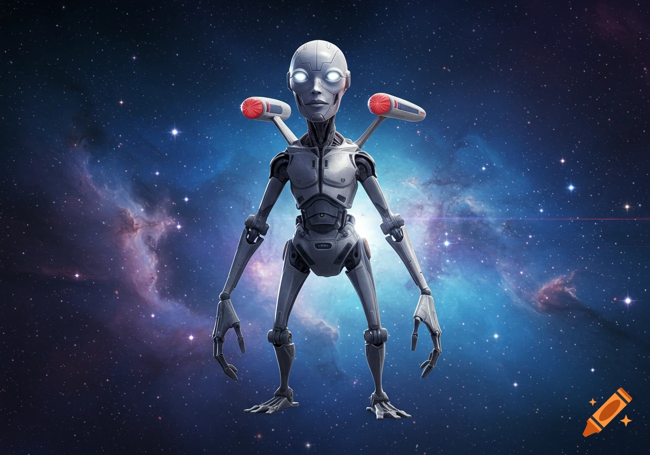 A humanoid robot with glowing eyes and red-tipped shoulder extensions stands against a vibrant blue and purple nebula background with stars.