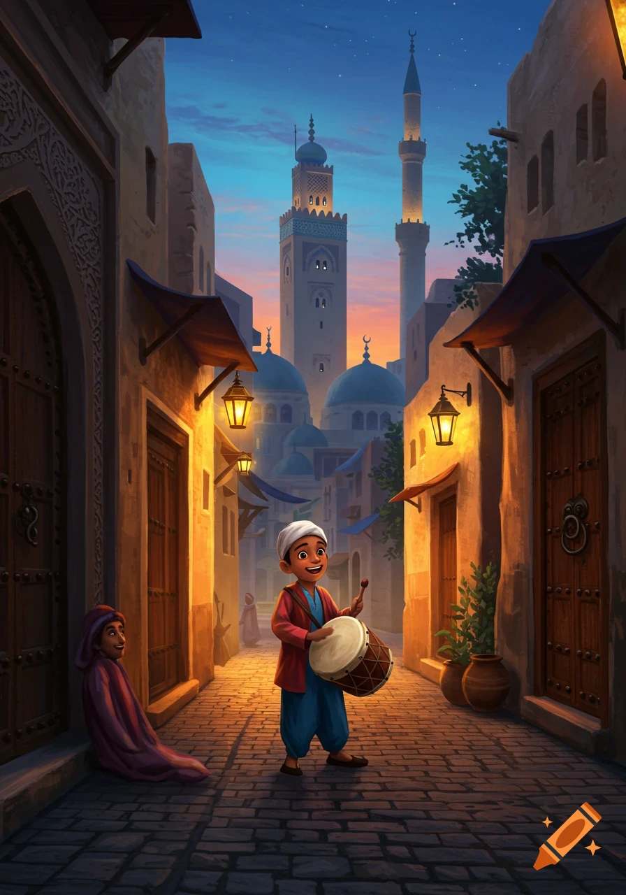 Illustrated scene of a smiling boy playing a drum in a narrow, lantern-lit street with mosques in the background at dusk.