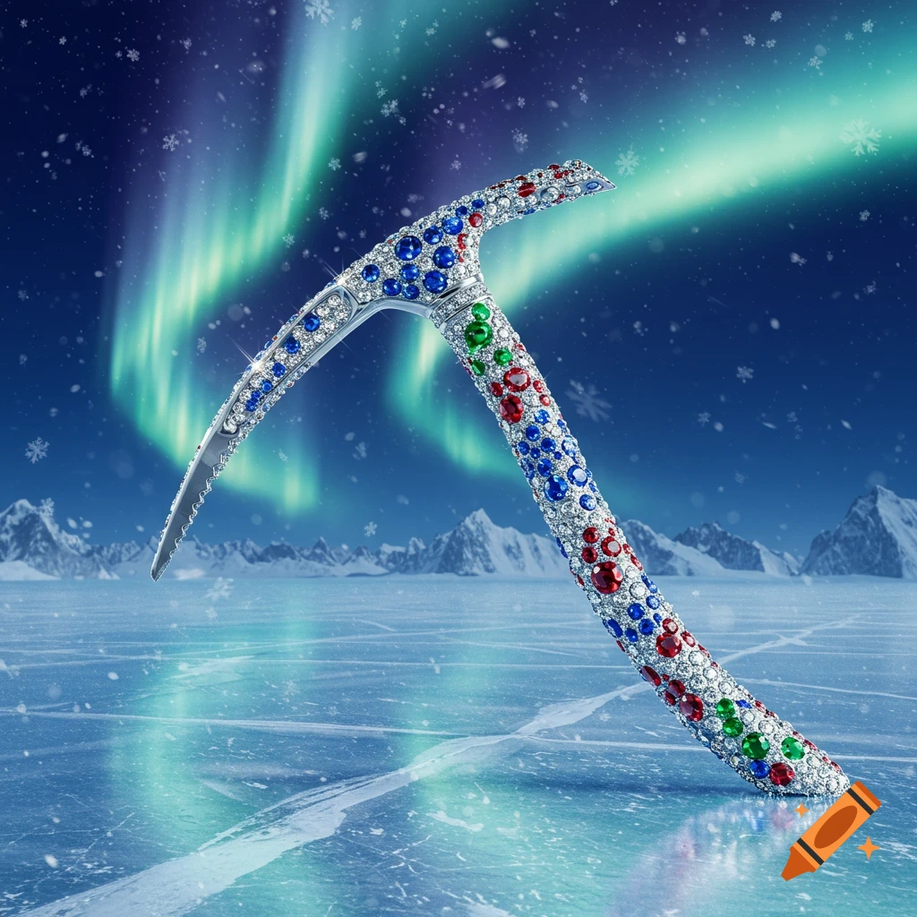 A bedazzled ice pick, covered in sparkling colorful gems, stands upright on a vast icy plain with snowy mountains under a vibrant aurora borealis sky.