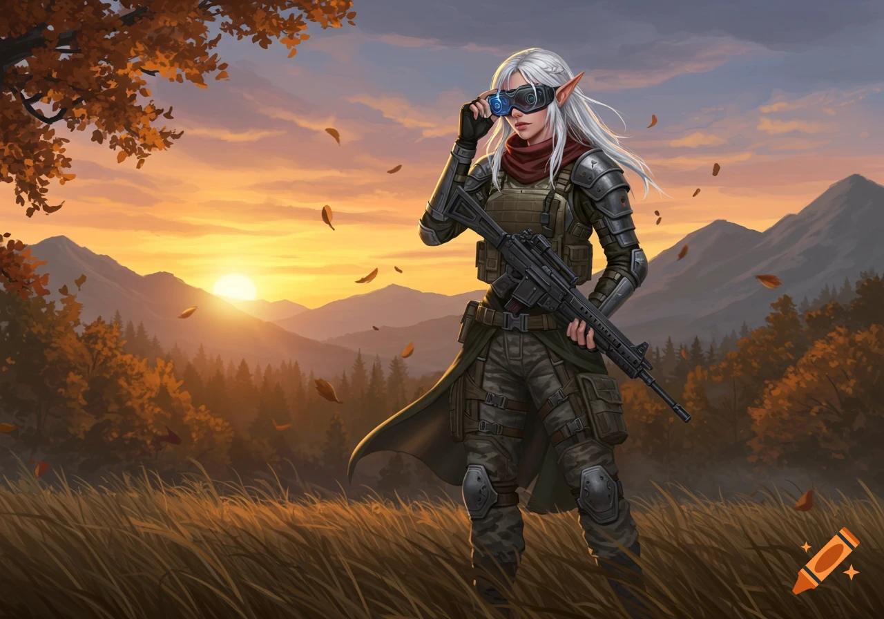 Female elf soldier in modern tactical gear holds a rifle and adjusts goggles at sunset, with autumn leaves and mountains.