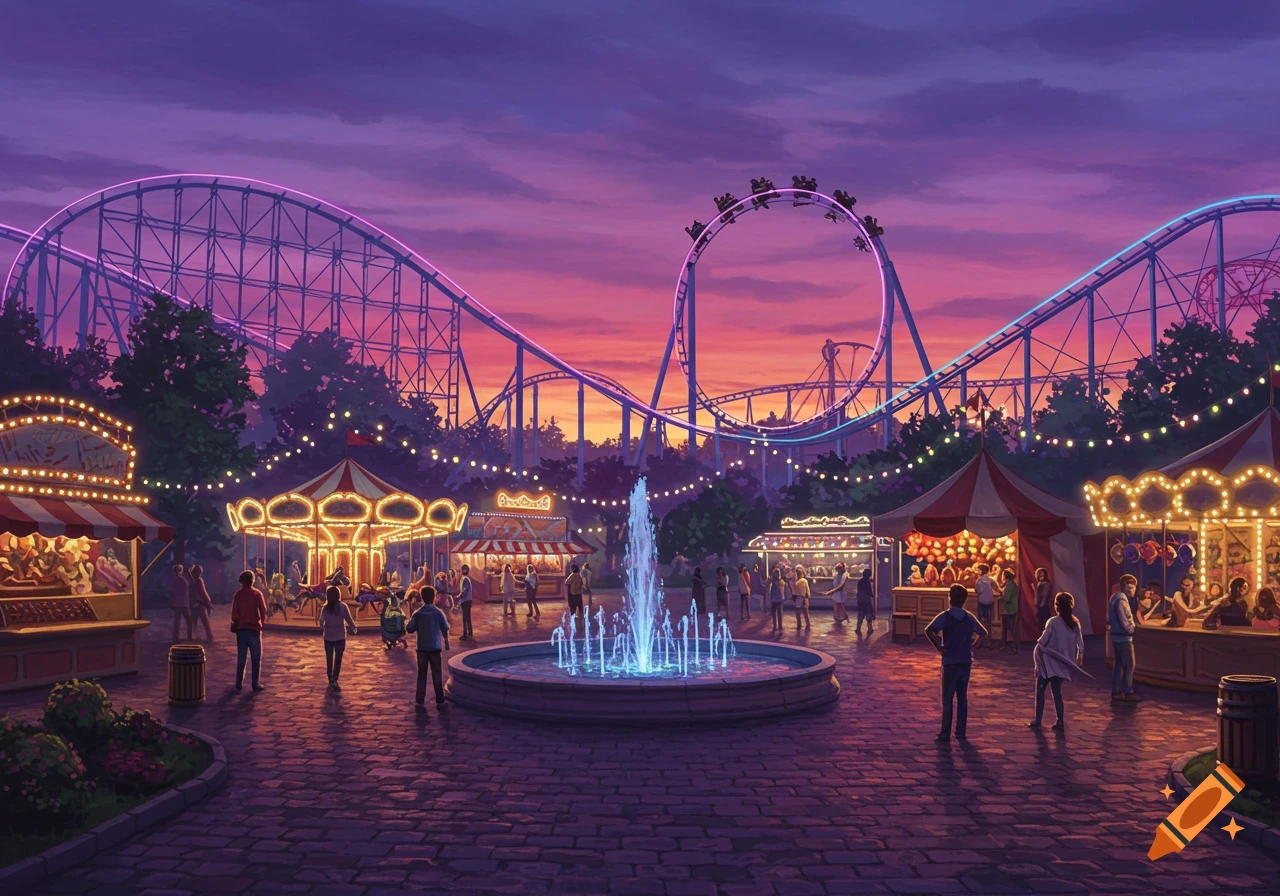 A vibrant, colorful illustration of a theme park at dusk with a large roller coaster, carousel, food stalls, and a bright fountain.