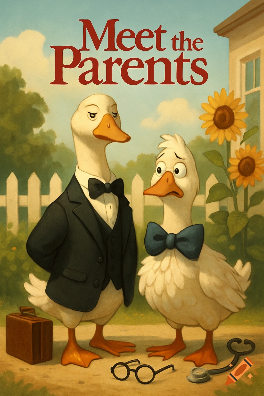Two anthropomorphic geese, one in a tuxedo and another in a bow tie, stand in a garden under the title 'Meet the Parents' in an illustrative style.