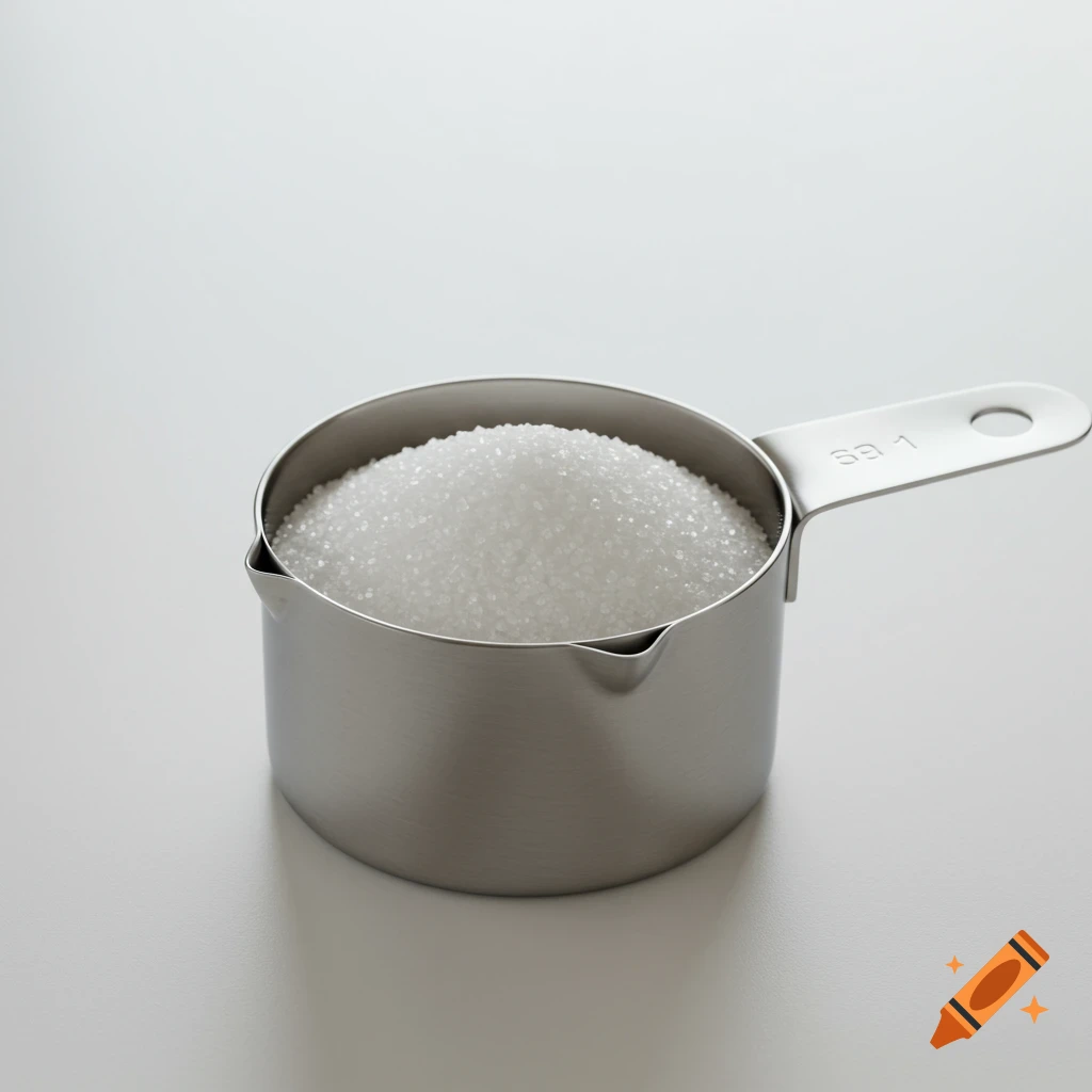 A stainless steel measuring cup filled with white granulated sugar, on a white surface.