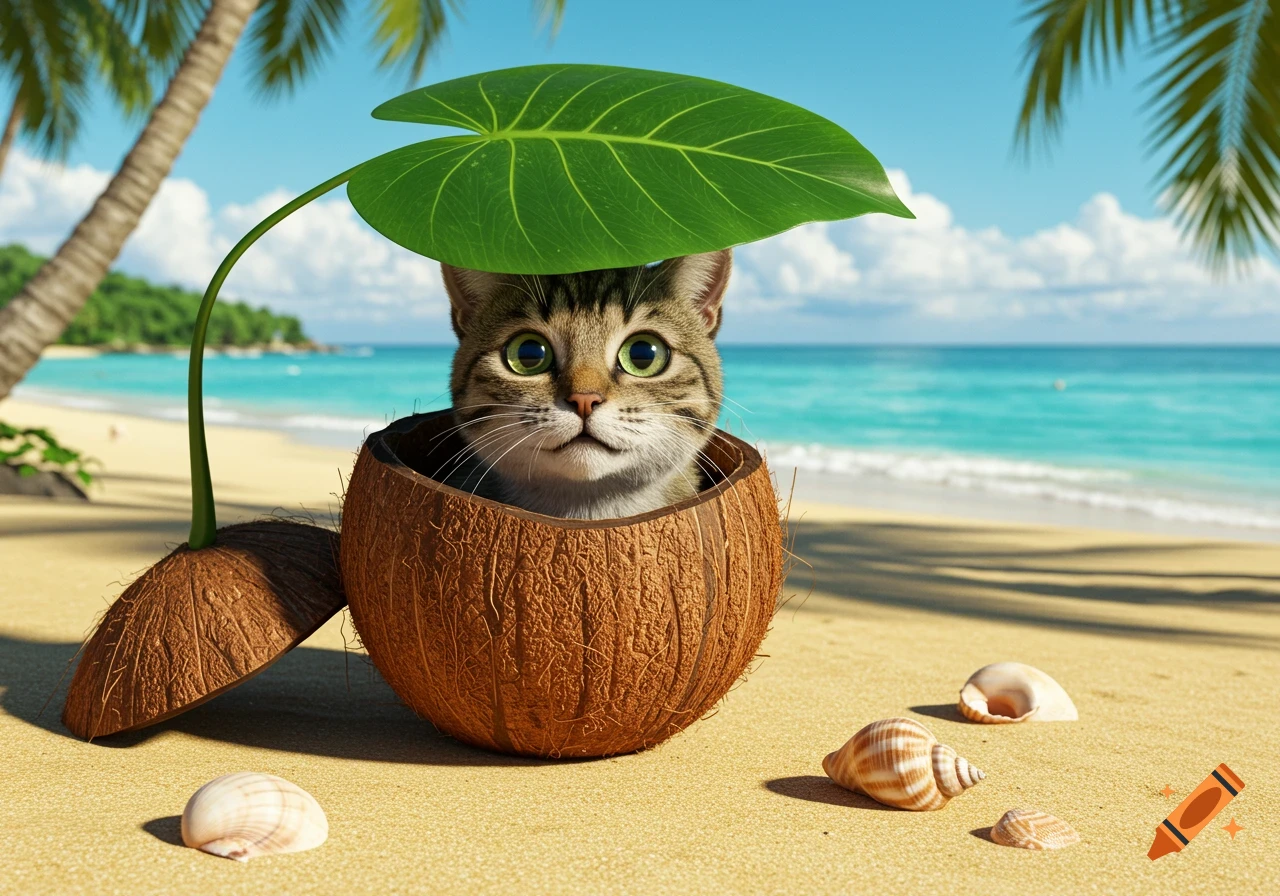 A cute tabby cat peers from inside a coconut shell on a sandy beach, wearing a large green leaf as a hat, with palm trees and ocean in the background.
