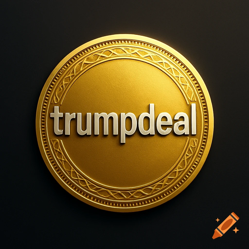 A gold coin or medal with the word 'trumpdeal' embossed in silver on its surface, set against a dark background.