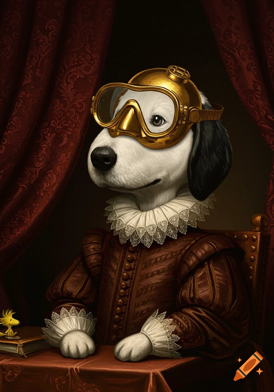 A whimsical portrait of Snoopy wearing a golden dive mask and a renaissance outfit.
