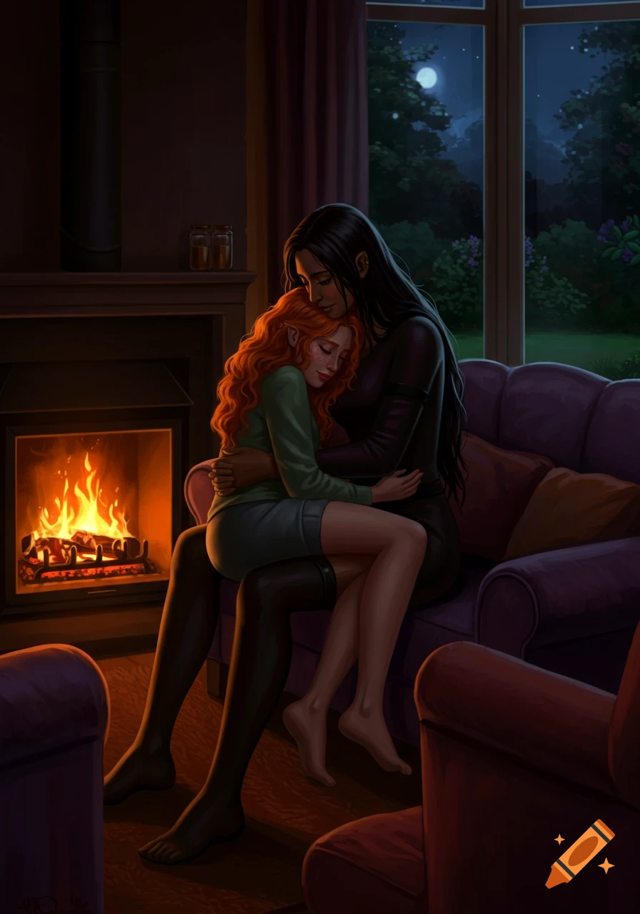 A red-haired woman sits on the lap of a dark-haired woman, embracing by a fireplace in a cozy room at night. Digital art.