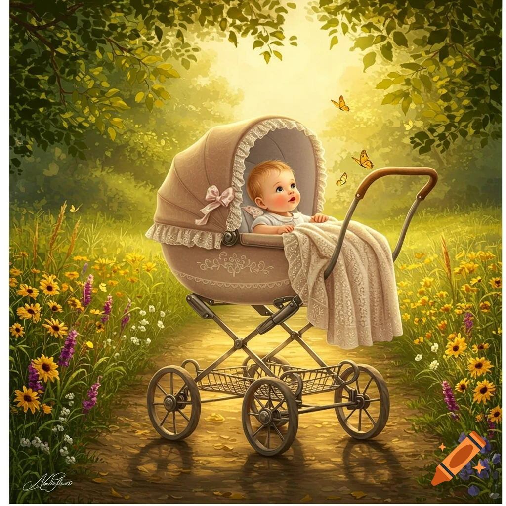 A cute baby in a vintage stroller on a sunny path surrounded by wildflowers and butterflies, in an illustrative style.