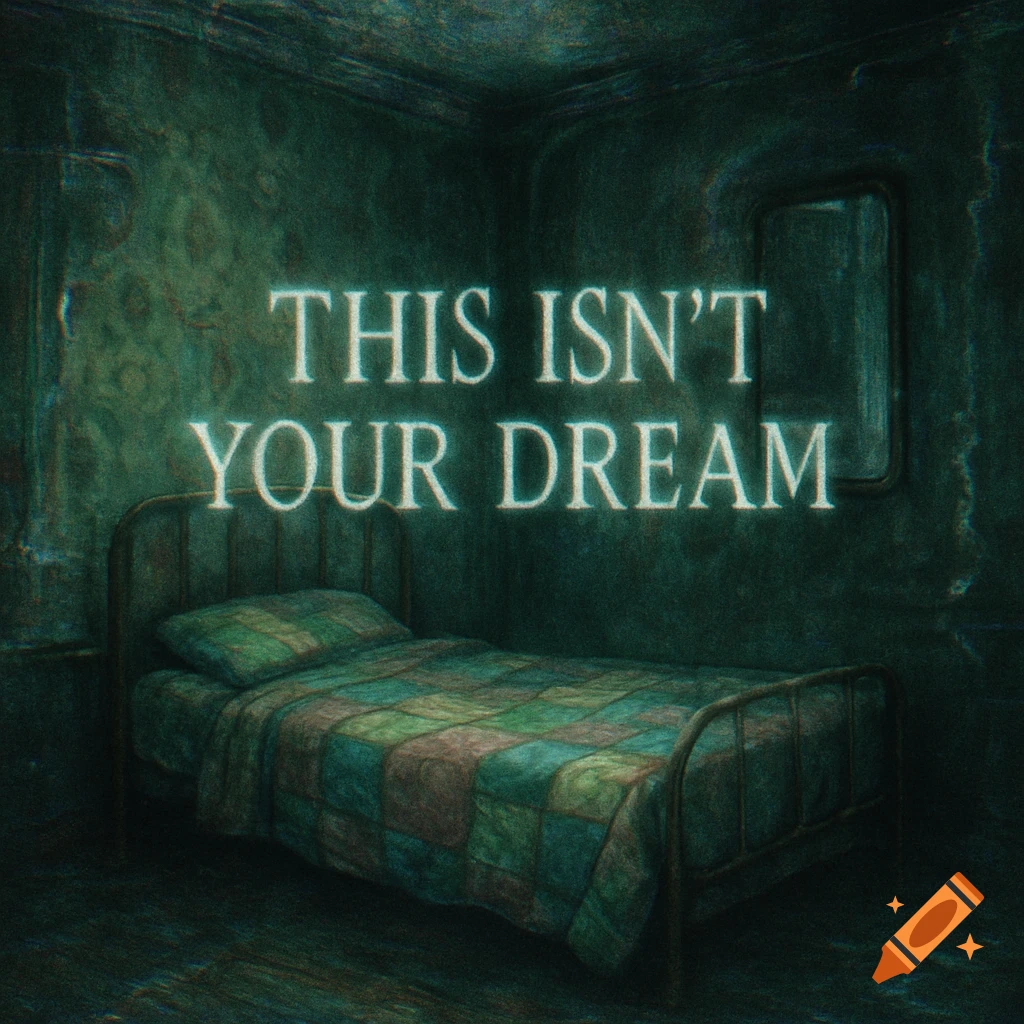 A dark, grunge-style room with a bed and glowing text 'THIS ISN'T YOUR DREAM' on the wall.