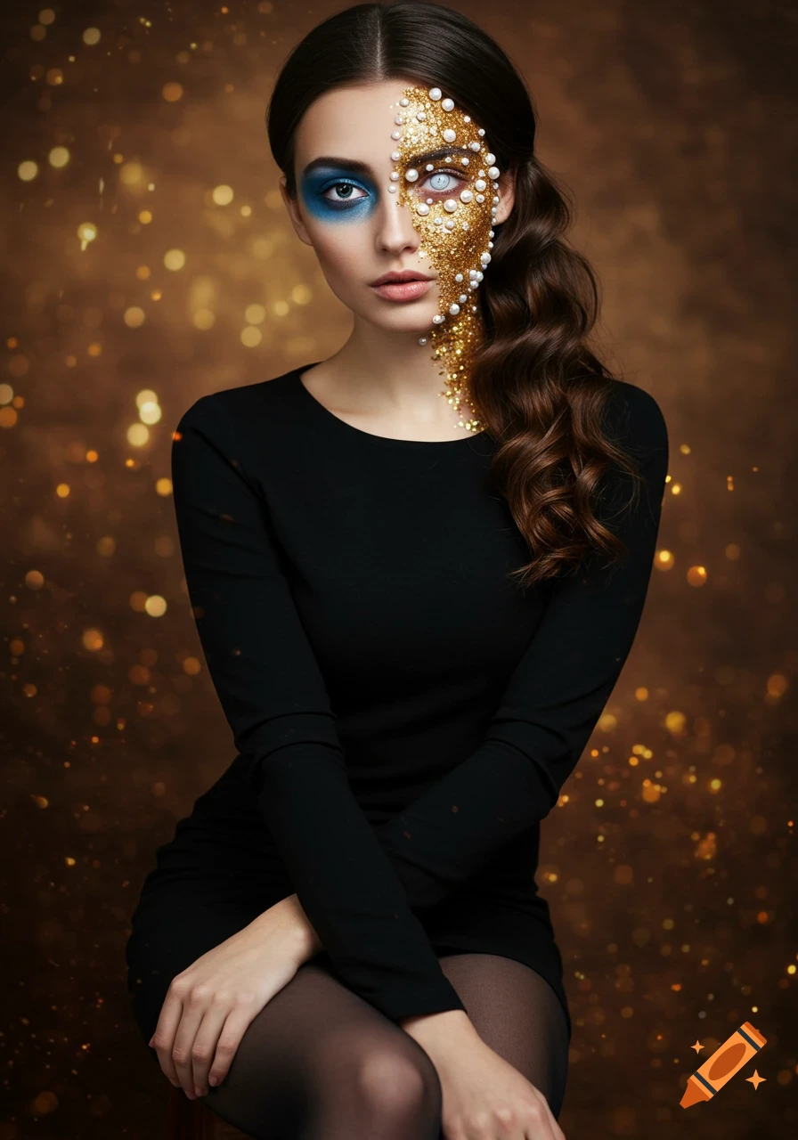 A woman with dark hair in a black dress, featuring metallic blue eyeshadow, a white contact lens, and gold glitter and pearls on the right side of her face, against a bokeh background.