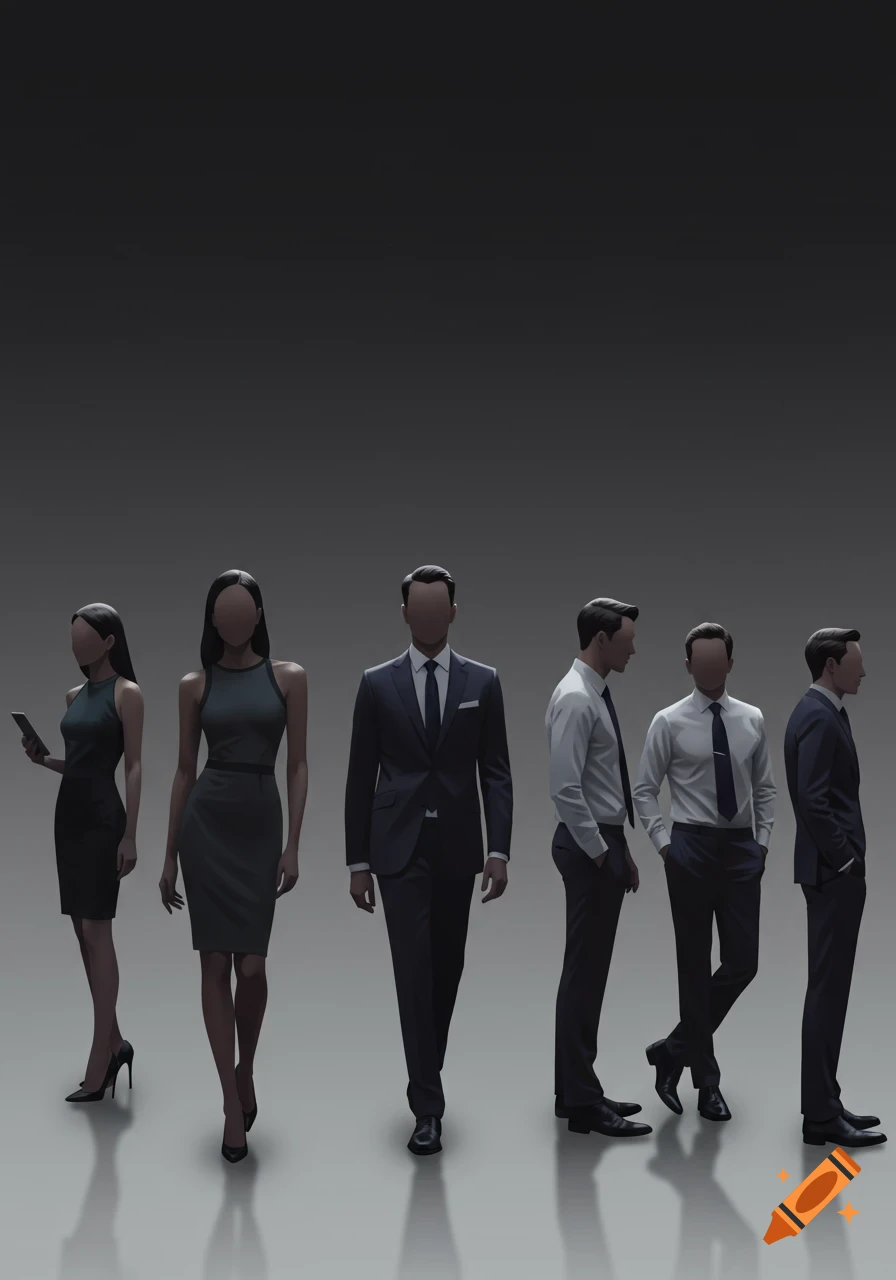Six professional figures, two women in dresses and four men in suits and ties, stand against a gray background.