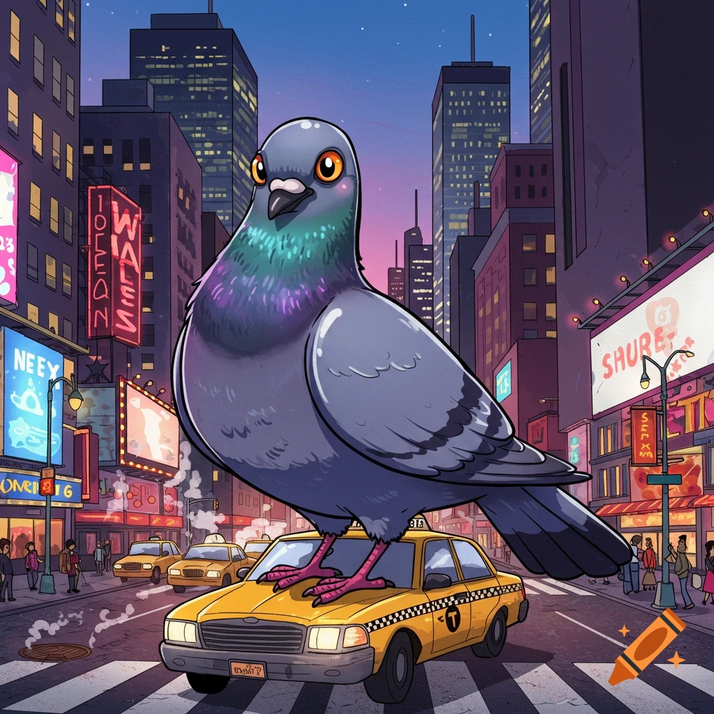 A giant cartoon pigeon stands on a yellow taxi cab in a bustling city street at dusk.