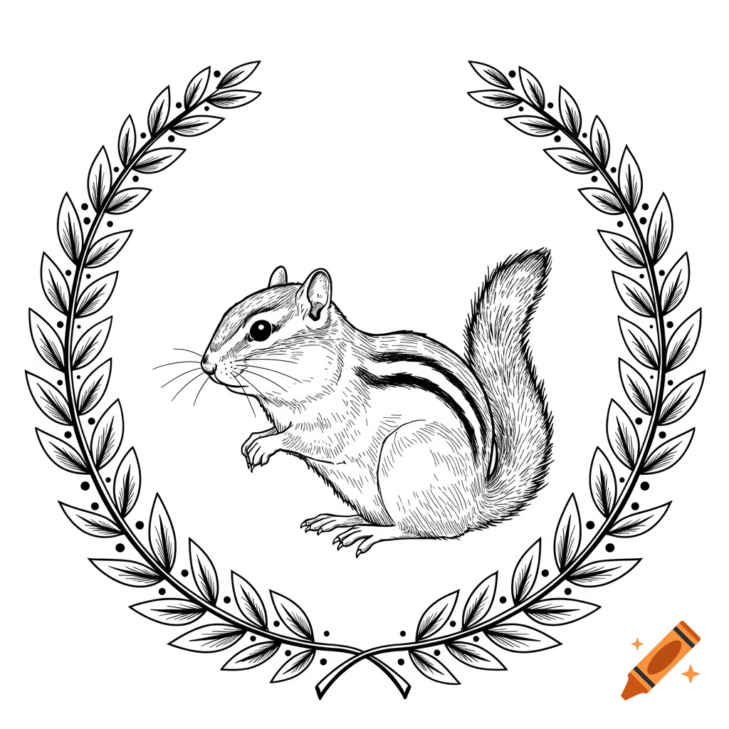 Black and white outline illustration of a chipmunk inside a laurel wreath.