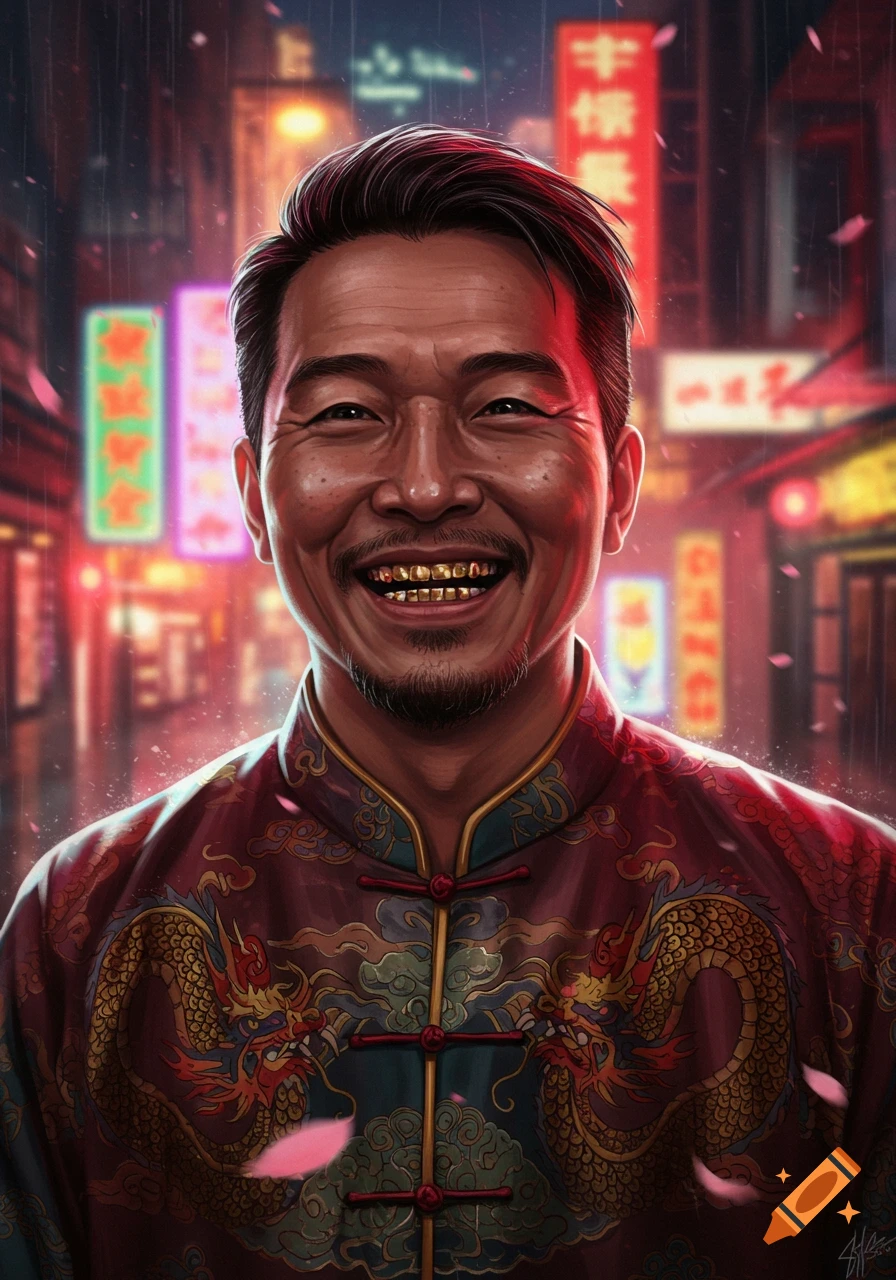 Close-up portrait of a smiling Asian man with gold teeth, wearing a traditional red robe with dragon embroidery, in a neon-lit city street at night.