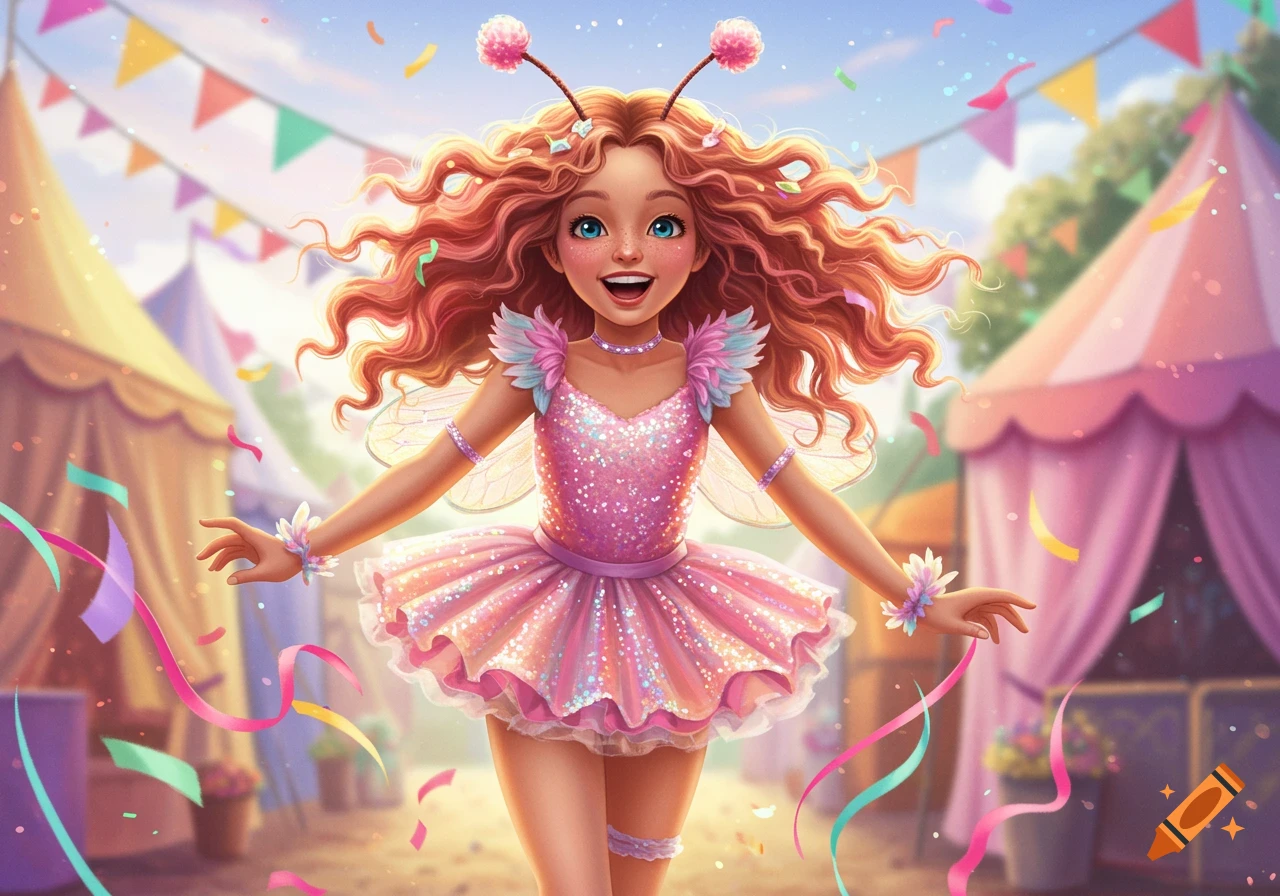 A cheerful girl in a sparkly pink fairy costume with antennae spreads her arms amidst colorful confetti at a vibrant carnival.