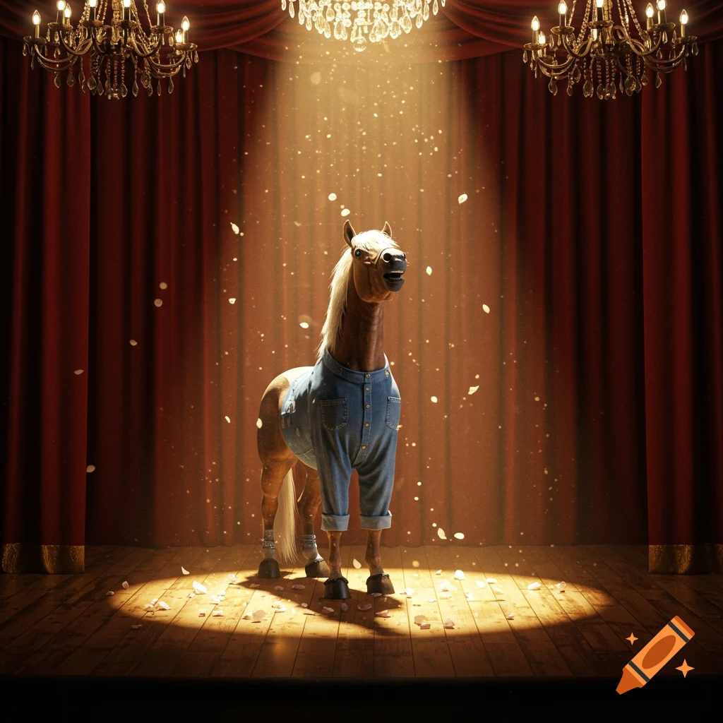 A horse wearing blue coveralls stands on a spotlighted stage with red curtains and chandeliers, with light particles falling.