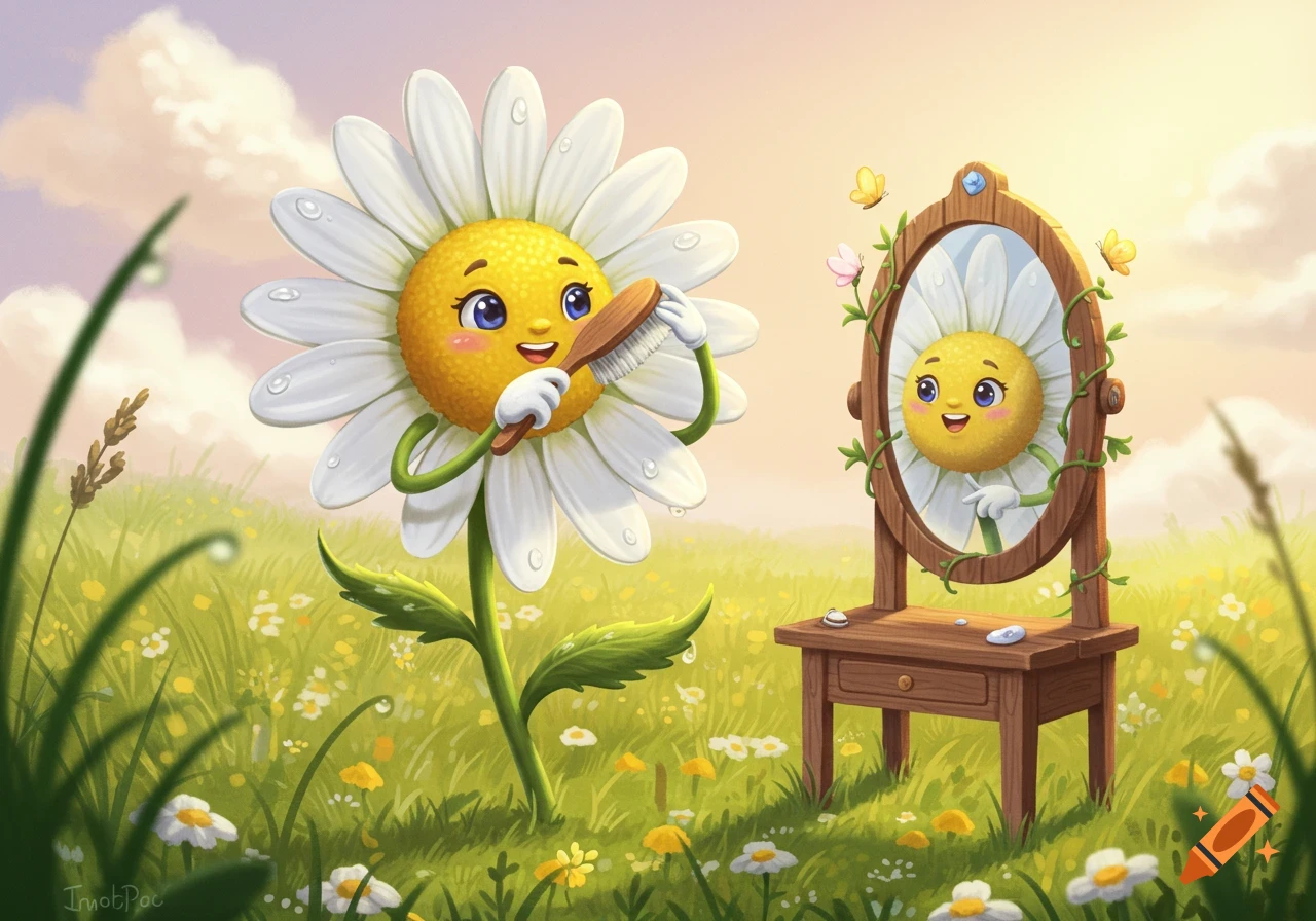 A cute cartoon daisy with a smiling face brushes its petals in a mirror, standing in a sunny green meadow.