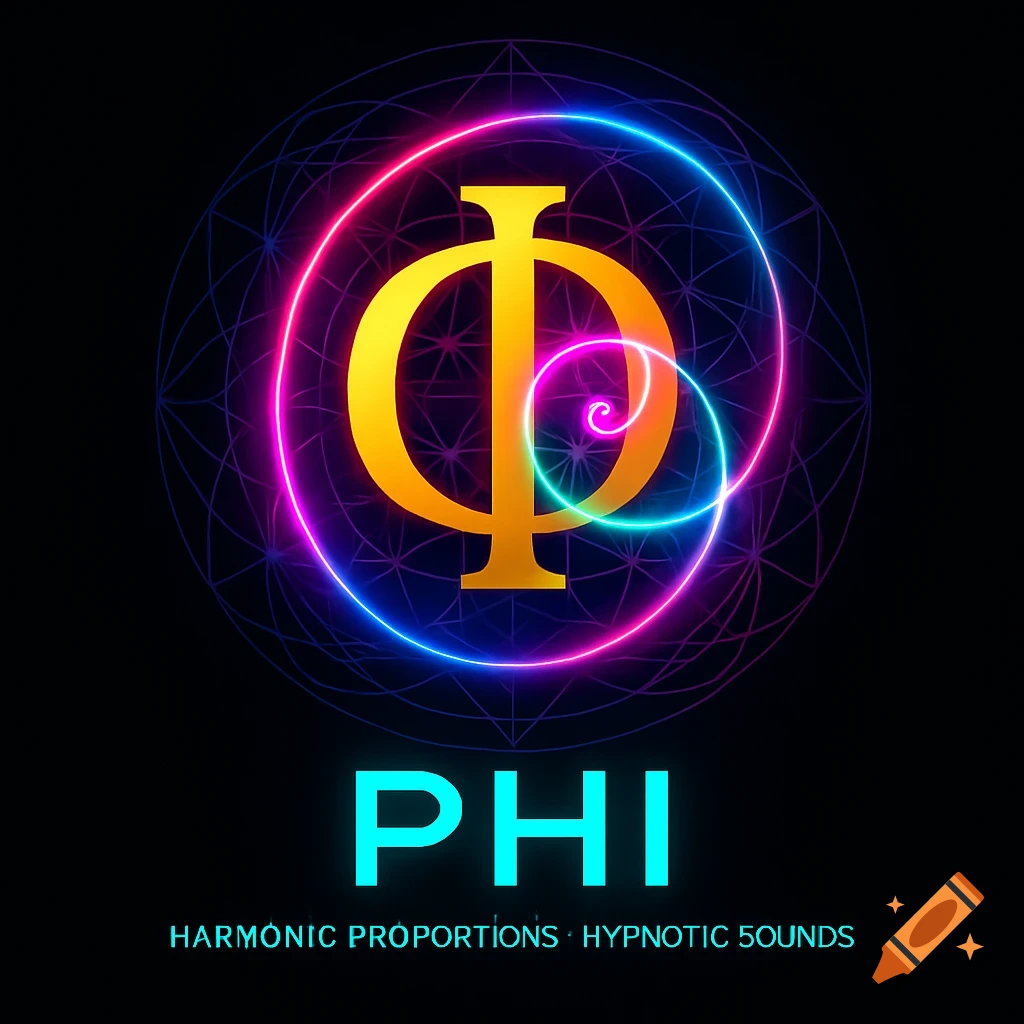 A golden Phi symbol with glowing neon pink, cyan, and purple spiral lines and a subtle sacred geometry background. Text reads PHI, Harmonic Proportions Hypnotic Sounds.