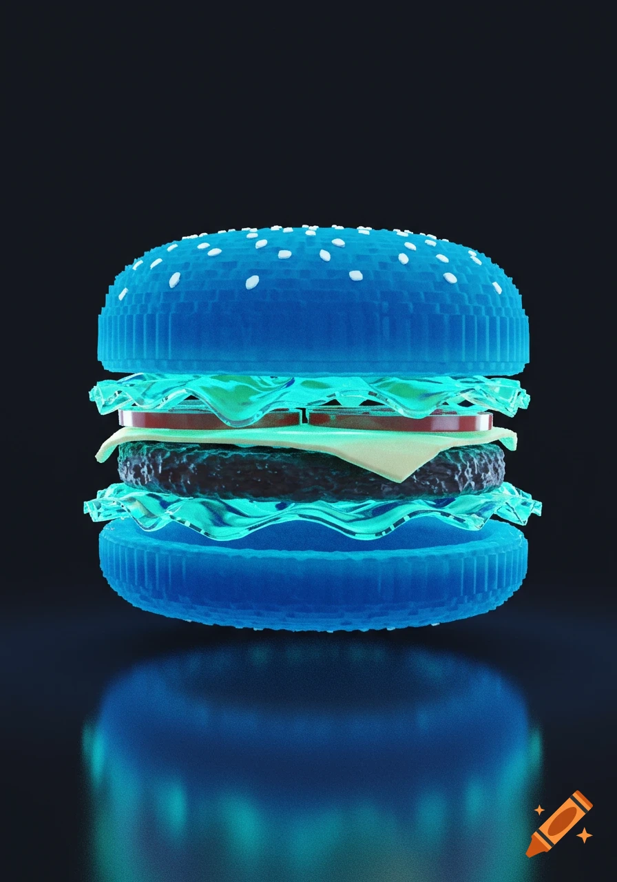 A transparent blue pixelated burger with glowing teal lettuce, red tomatoes, and cheese on a dark background.